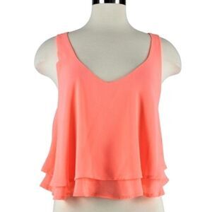 Swing Top Pullover Flowy Sleeveless Low V-Neck Double-Layered Salmon Size Lg